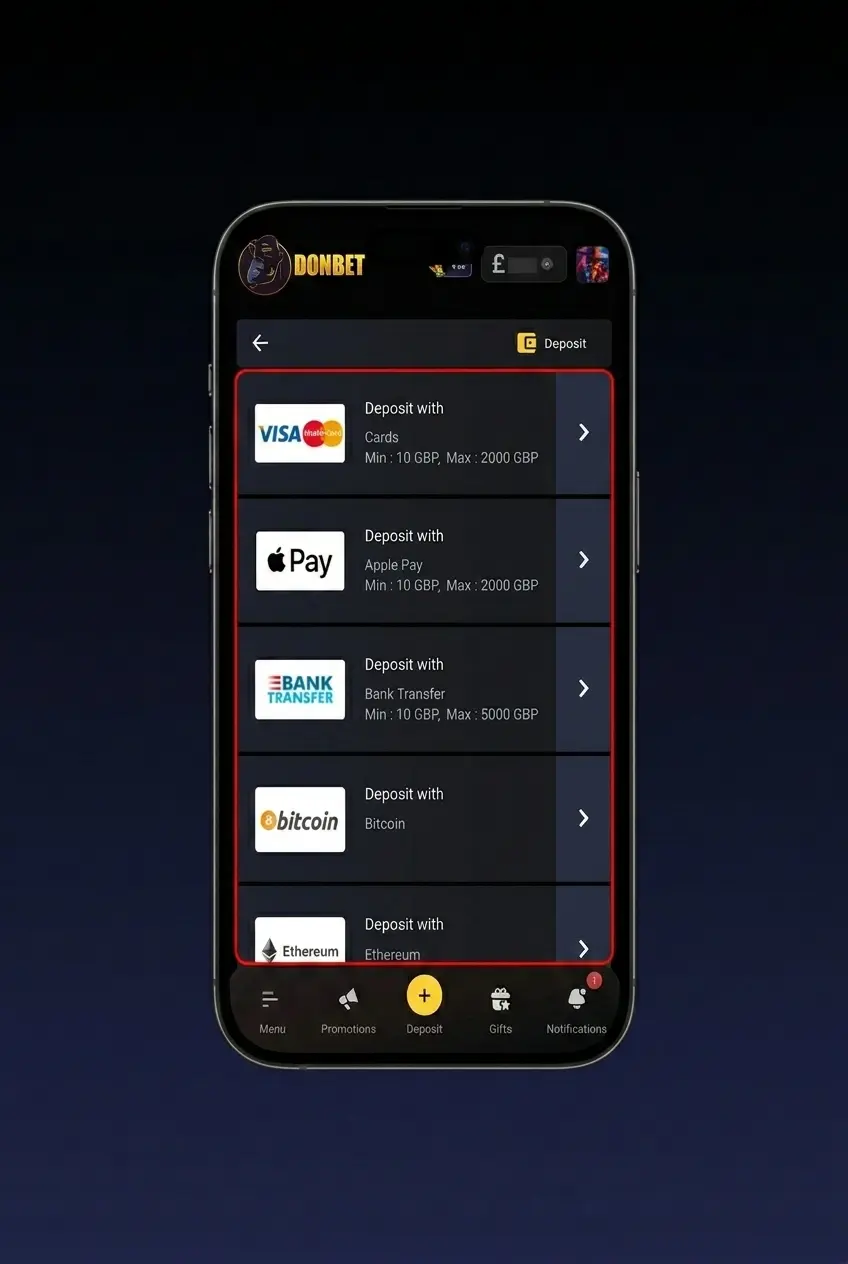 Donbet app deposit steps for UK users showing wallet icon, payment method selection, and transaction confirmation screen