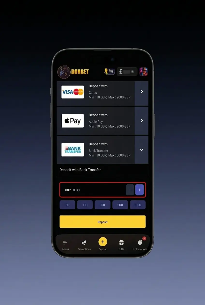 Donbet app deposit steps on iOS or Android showing wallet icon, payment method selection, and transaction confirmation screen