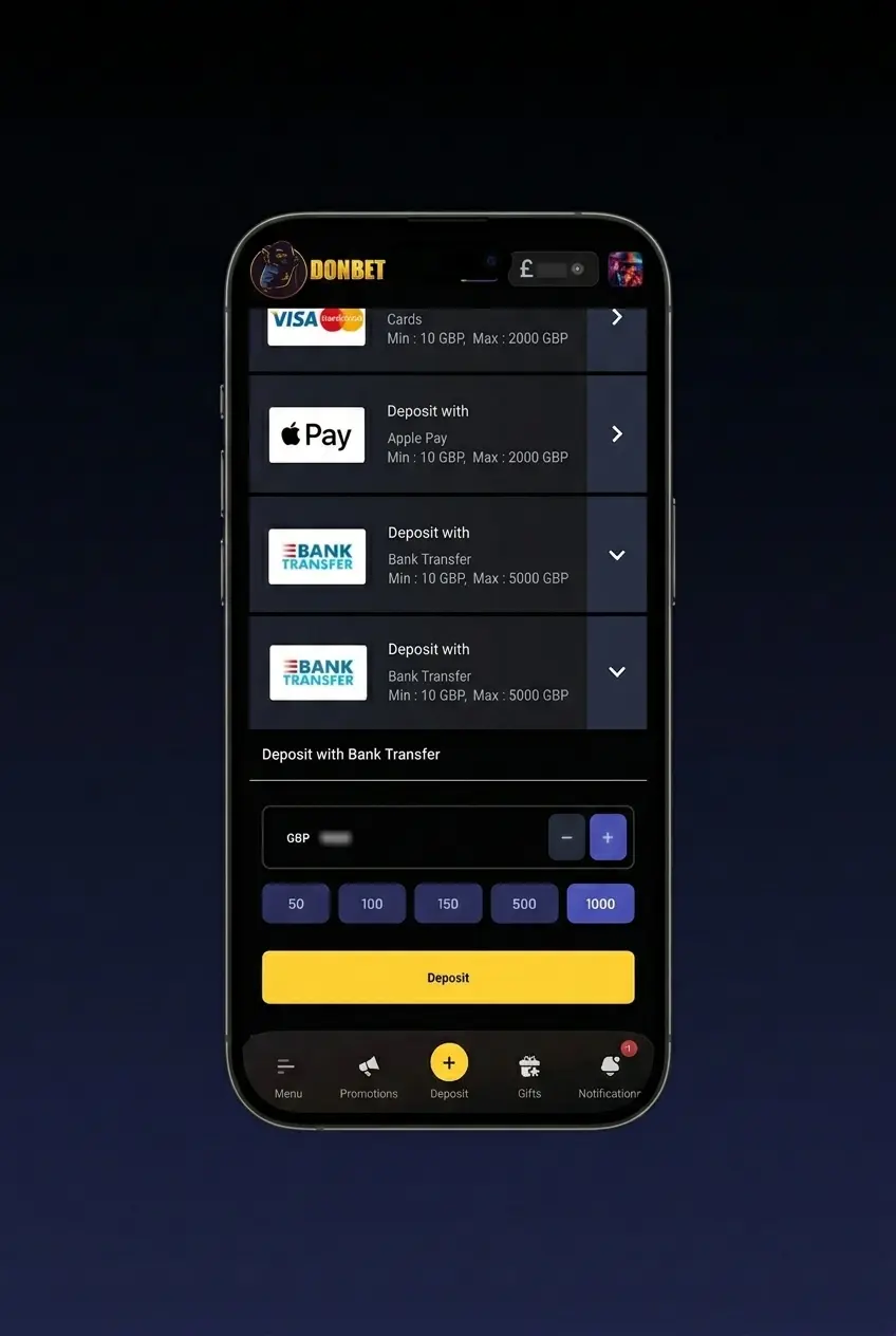 Donbet app deposit steps on mobile for UK users, showing wallet icon, payment method selection, and transaction confirmation