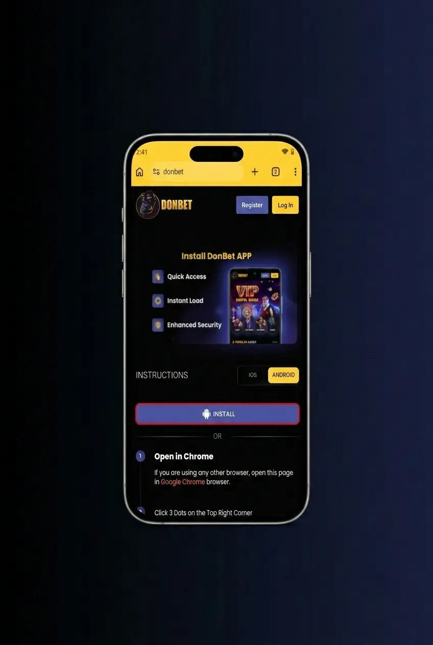 Donbet APK Android installation guide showing 4 steps: download, confirm, enable unknown sources, and install the app