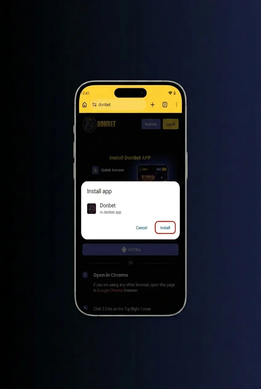 Donbet APK Android installation guide showing 4 steps: download, confirm, enable unknown sources, and install the app