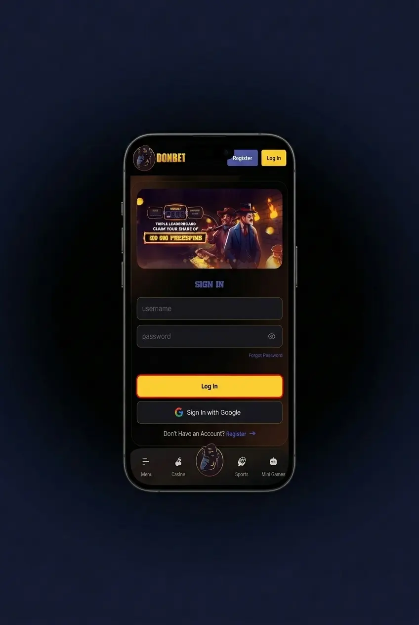 Donbet mobile app login screen showing step-by-step sign-in process with email, password fields and biometric authentication options