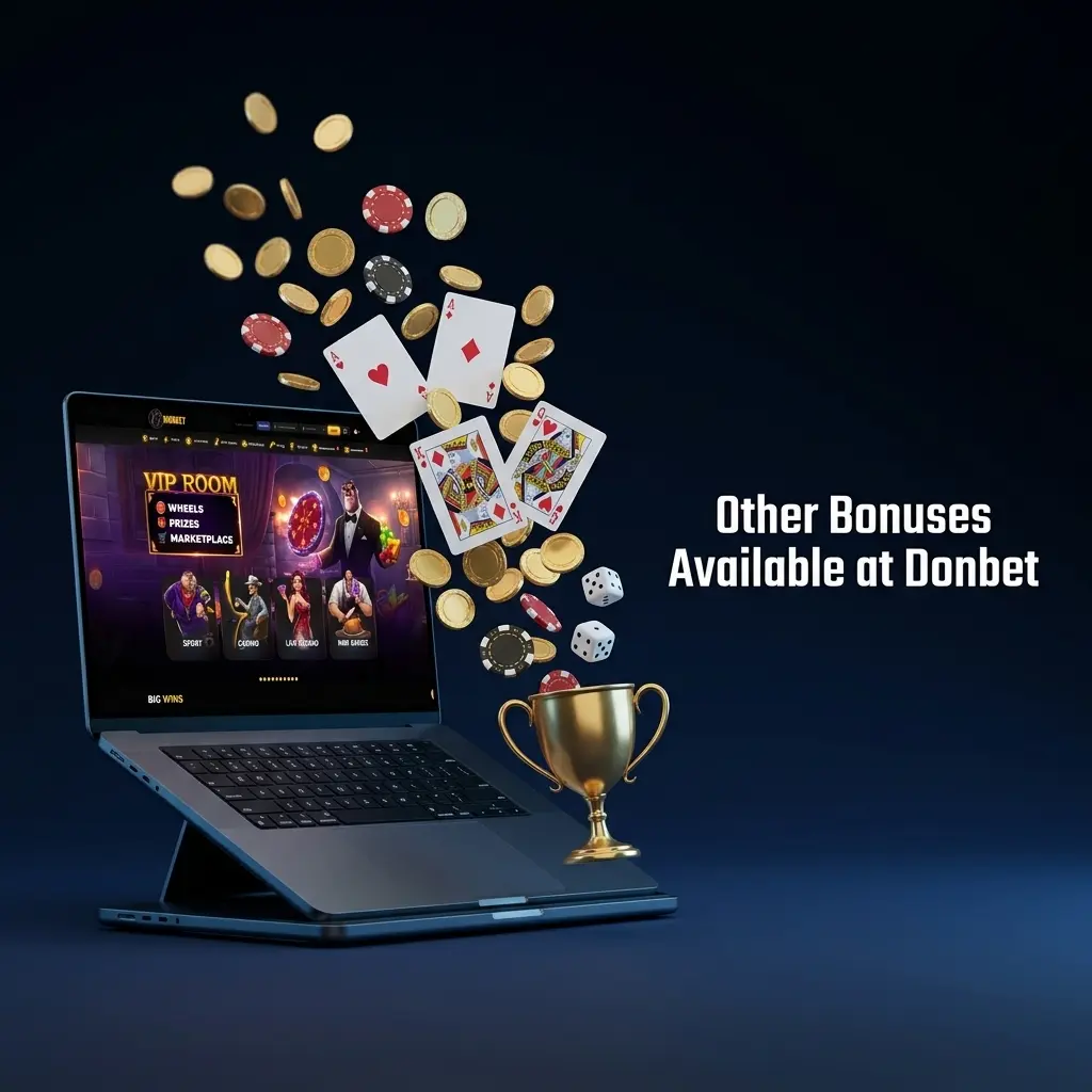 Donbet promotions including reload bonus, free spins, cashback, VIP rewards, sports welcome bonus, and accumulator boosts