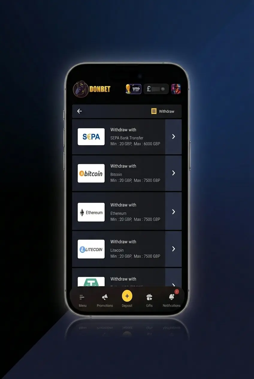 Step-by-step guide to withdraw money from the Donbet app showing wallet, cashier, and confirm payout screens