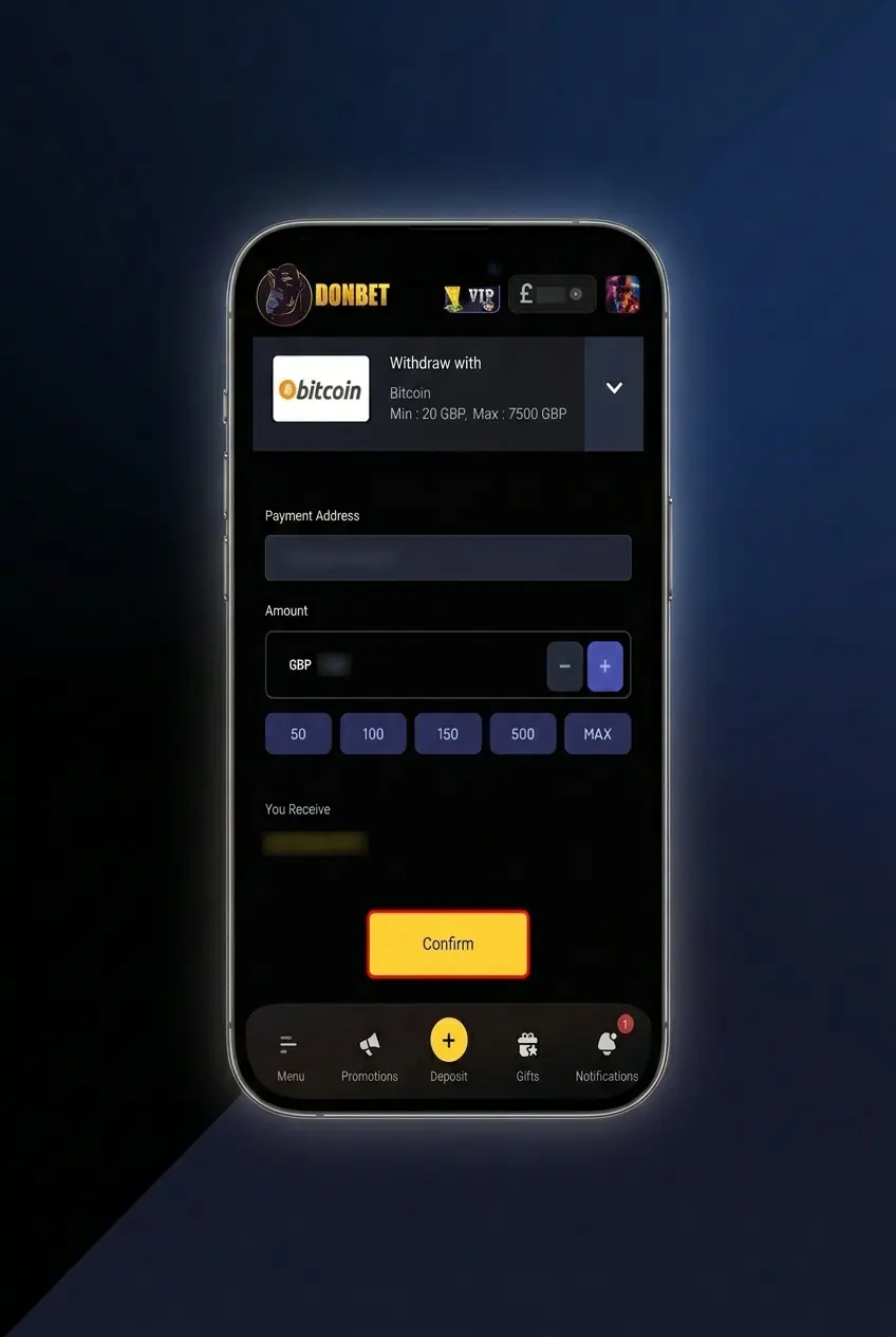 Donbet app withdrawal steps showing cashier section with payout methods and confirm button for verified accounts