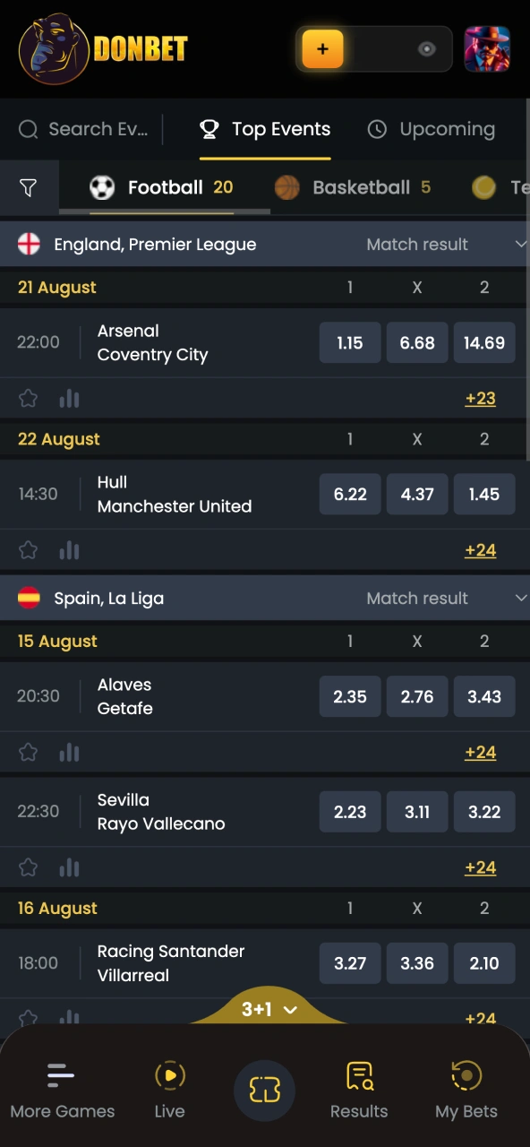 Select your sport on Donbet’s left menu, then click the match you want.