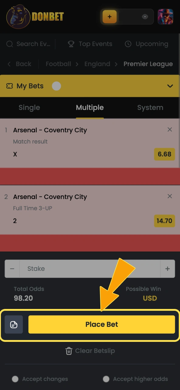 Donbet finalises your wager once you review details and hit Place Bet.