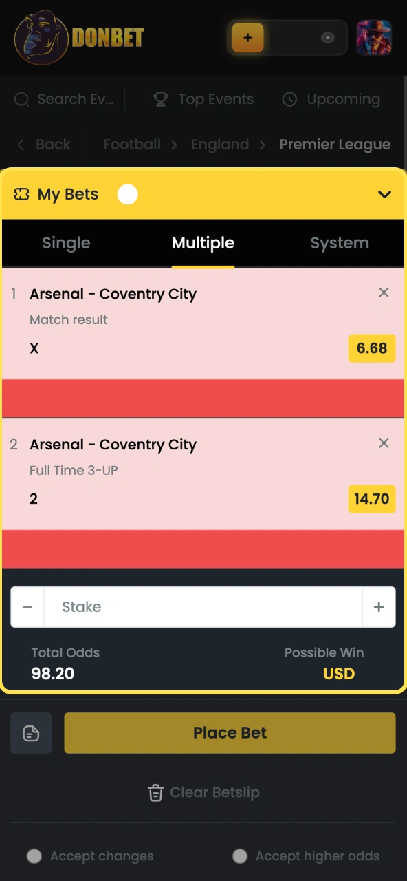 Enter your Donbet stake by typing the amount into the slip field.