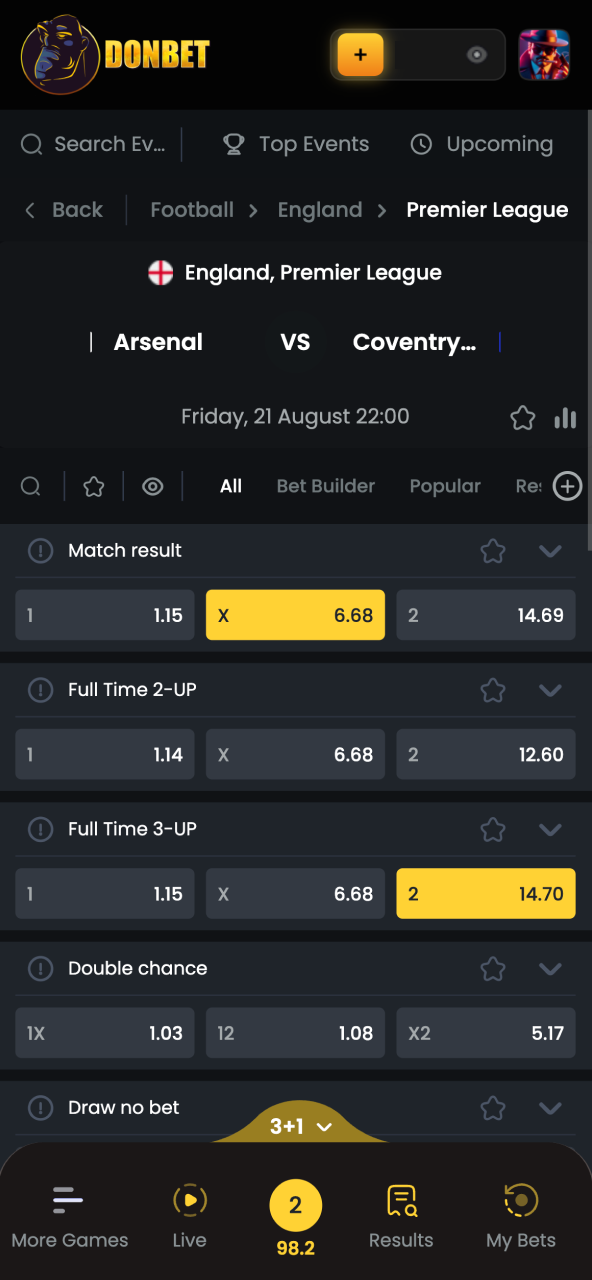 Pick a Donbet market and tap the chosen outcome for your bet slip.