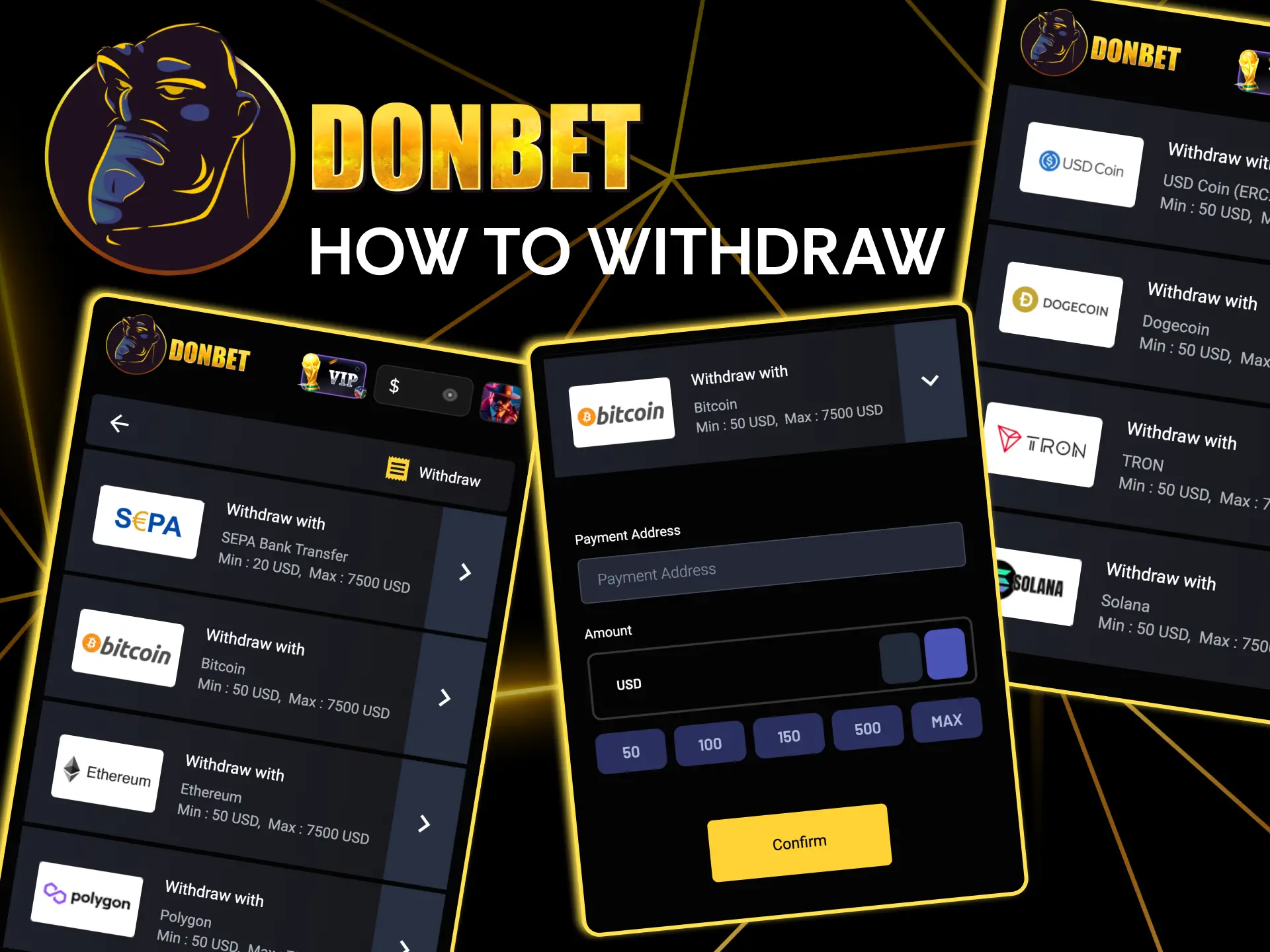Submitting a Donbet withdrawal delivers crypto in one hour and cards in days.