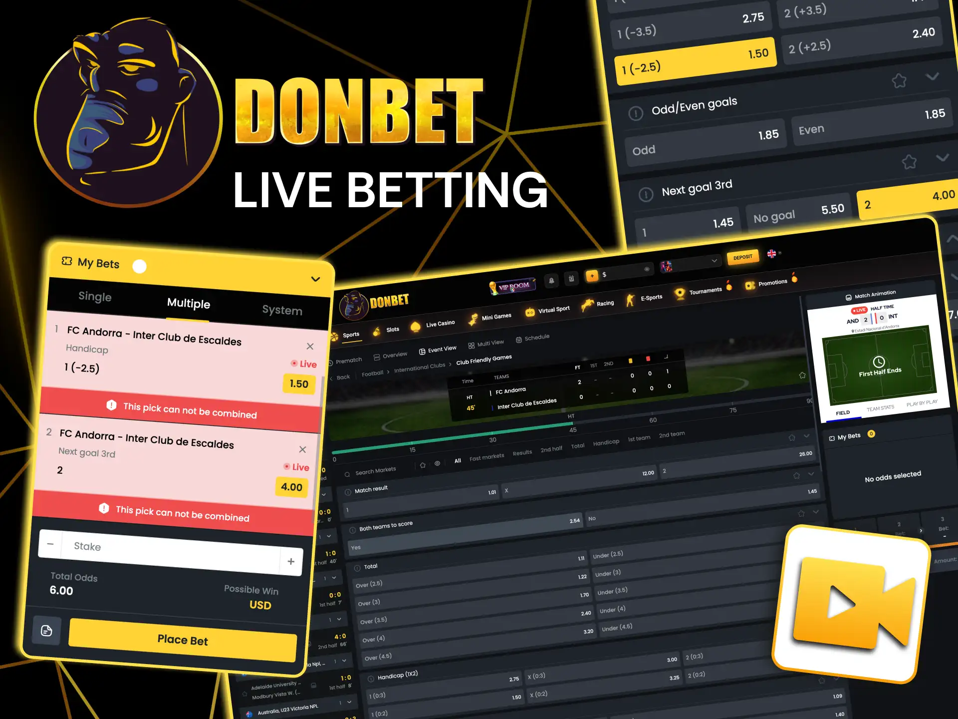 Donbet offers dynamic live betting with constantly updating odds and statistics.