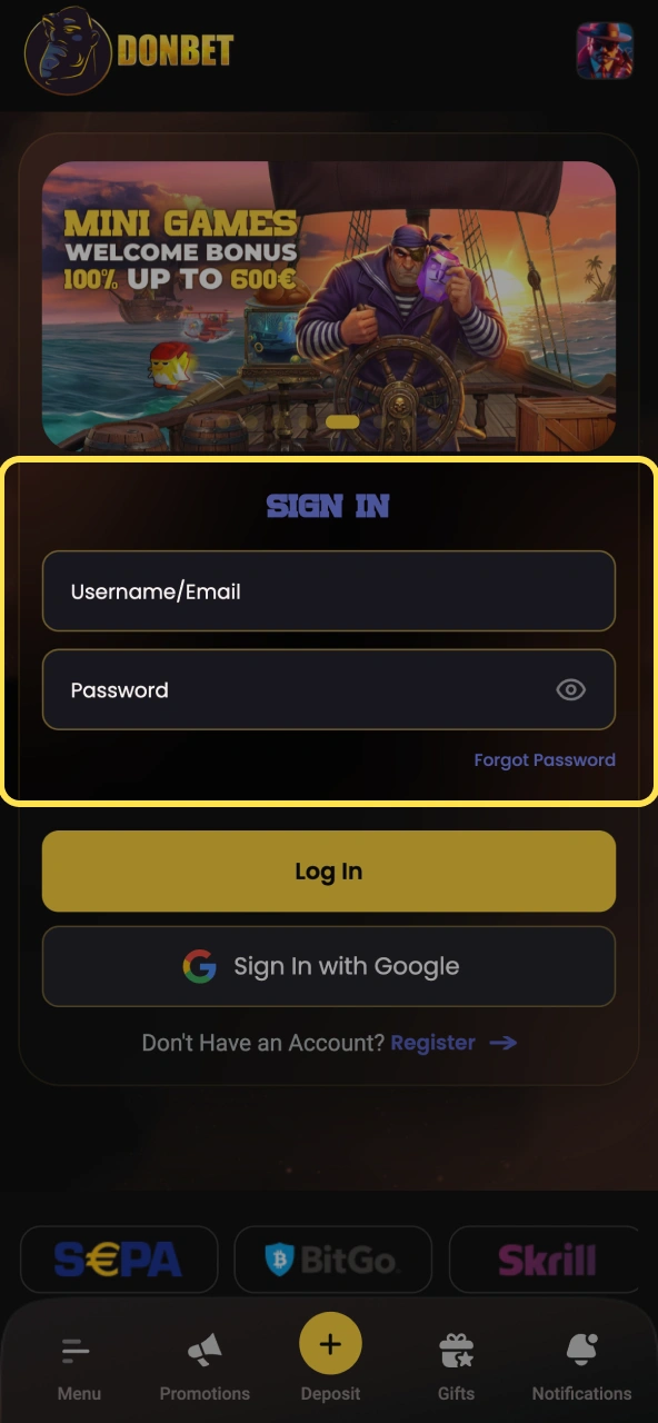 Enter email and password on Donbet, then tap Log In to continue.