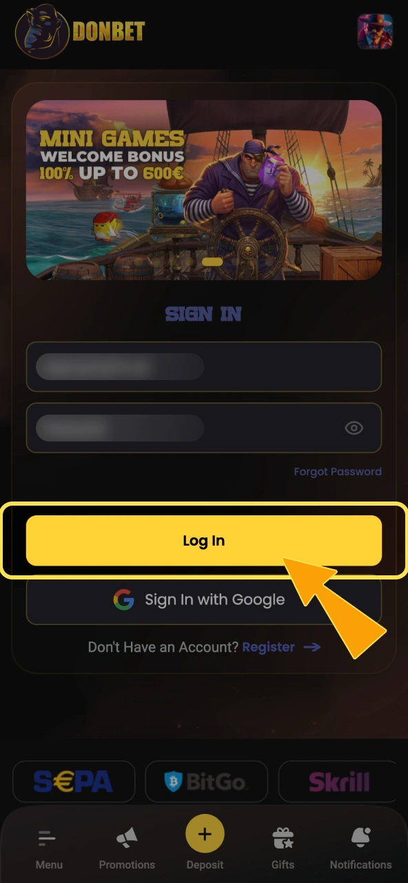Donbet finalises registration once you confirm identity with your one‑time code.